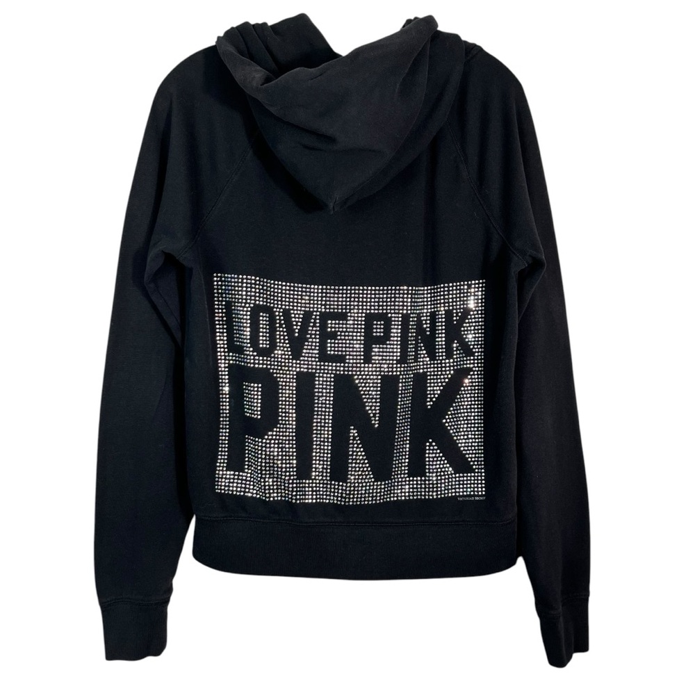 Vintage Y2K Victoria's Secret PINK Black Silver Bling Rhinestone Zip Up Hoodie M - Picture 1 of 6